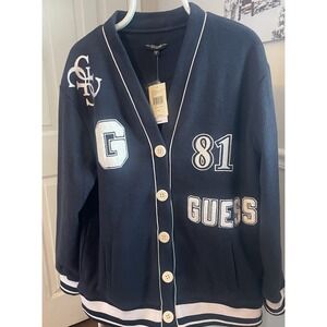 NWT Guess Women's Noele Boucle Varsity Cardigan in Daring Ocean Blue Med